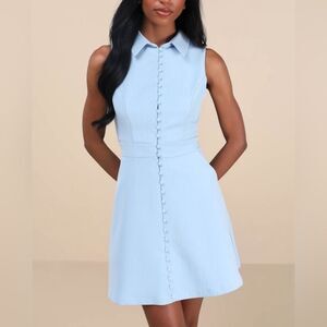 NWT Lulus Totally Poised Blue Pinstriped Collared Mini Dress With Pockets Size M